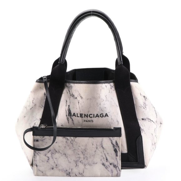 Balenciaga Handbags - BALENCIAGA Navy Cabas Small Black White Marble Print Tote Bag with Zip Pouch